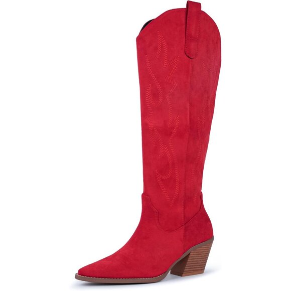 ⚡Women's Red Cowgirl Boot Embroidered Knee High Boot Pointed Toe Block Heel - Picture 6 of 6